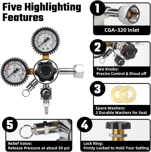 Miniatura 2 de TMCRAFT Regulador de CO2 de barril, regulador de presión CGA-320 de doble calibre con presión de trabajo de 0-60 PSI y presión de tanque de 0-3000