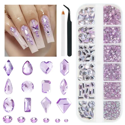 Qiipii 2052 piezas de diamantes de imitación amatista púrpura para uñas, diamantes de imitación de vidrio de color lila claro para uñas, 72 formas