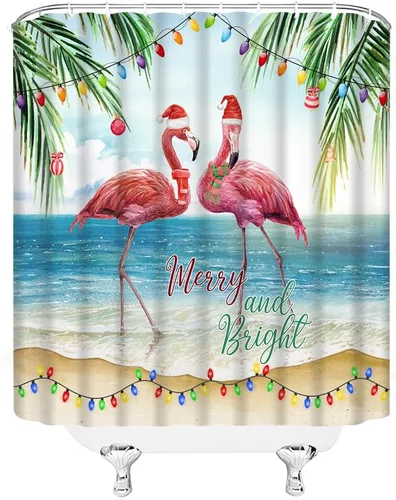 Miniatura 3 de Cortina de ducha de flamenco de Navidad, pájaro tropical, pino, sombrero de Papá Noel, Año Nuevo, decoración de baño, juego de decoración de baño