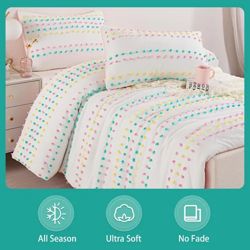 Miniatura 5 de HOMBYS Juego de edredón de ropa de cama con pompones mechudos para niñas, juego de edredón jacquard boho blanco de 3 piezas para niños para todas