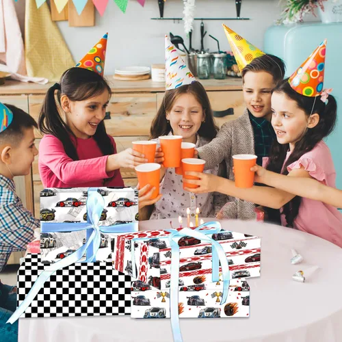 Miniatura 7 de Mpanwen Papel de regalo de auto de carreras para niños y niños, 12 hojas de papel de regalo de carreras para Navidad, cumpleaños, vacaciones, 20 x
