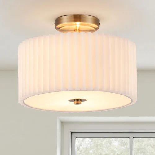 Miniatura 14 de VONLUCE Lámpara de techo semiempotrada de 12.2 pulgadas, moderna lámpara de techo de 2 luces con pantalla de tambor plisada blanca, 2 enchufes E26