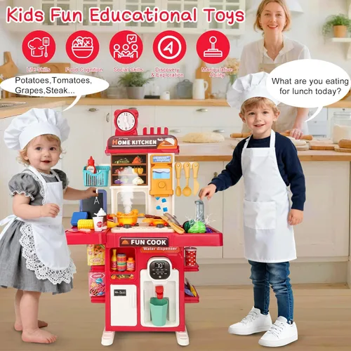 Miniatura 5 de Juego de cocina de juguete mejorado para niños y niñas, juego de mini cocina con fregadero de rociado y iluminación realista, juguetes de cocina Rojo