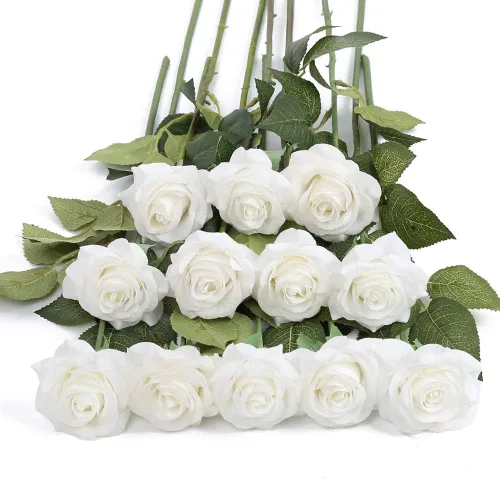 Miniatura 10 de IPOPU 12 rosas artificiales, flores para decoración de fiesta, rosas falsas, flores de seda, pétalos florales para el hogar, boda, fiesta, tienda