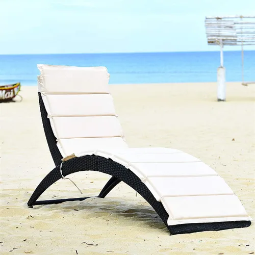 Miniatura 5 de Tangkula - Silla de salón plegable para patio, tumbona de mimbre para exteriores, silla de patio portátil con cojín, mueble de mimbre para todo