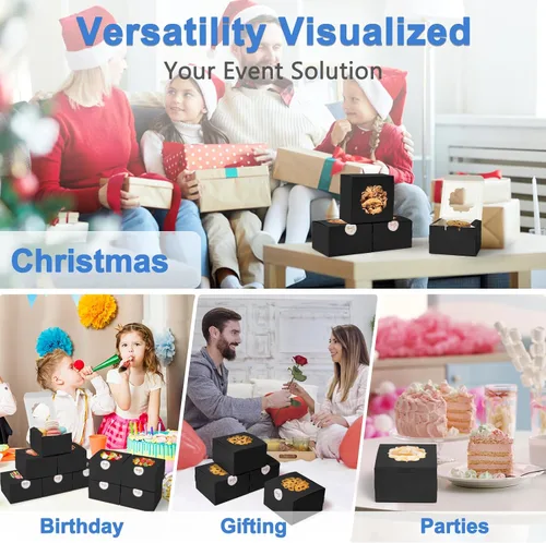 Miniatura 6 de Shallive Cajas de galletas pequeñas de 4 pulgadas, 25 unidades, color negro, cajas de panadería con ventana para regalo de graduación, latas