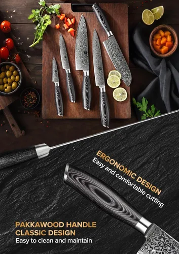 Miniatura 4 de XINZUO Cuchillo de cocina de 5 piezas, juego de cuchillos de chef profesional de acero de Damasco súper afilado con mango de madera de Pakkawood
