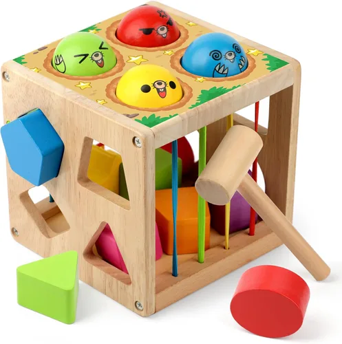 Coogam Juguetes de madera Montessori para niños pequeños, juego de habilidades motoras finas con cubo de clasificación de formas para bebés de 18