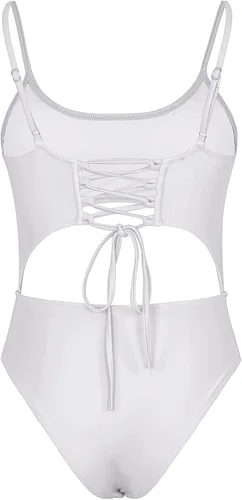 Miniatura 5 de Meyeeka Monokini con cuello redondo para mujer, parte delantera de encaje, corte alto, una pieza