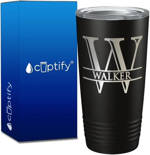 Vaso personalizado de regalo de cumpleaños para mujeres y hombres, con monograma de escritura dividida, inicial y nombre grabado en negro, taza
