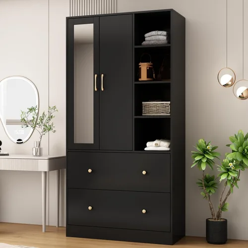 Miniatura 3 de Armario con espejo, armario de 2 puertas con 2 cajones y barra extensible para colgar, organizador de ropa tipo A negro