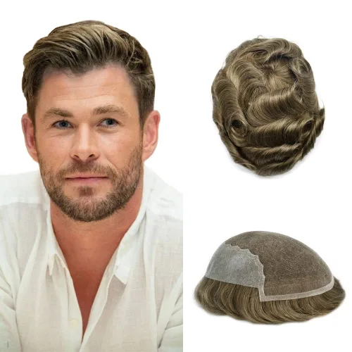 Miniatura 12 de Toupee para hombres, sistema de reemplazo de cabello humano Remy, nudos blanqueados, encaje frontal, piel fina, para hombre, color gris, pelucas