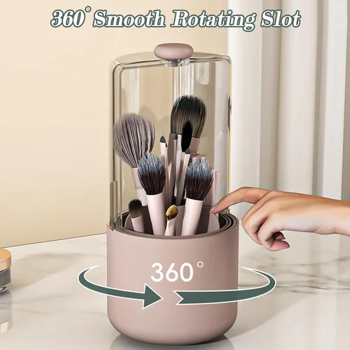 Miniatura 3 de Soporte para brochas de maquillaje con cubierta a prueba de polvo, organizador de brochas de maquillaje giratorio transparente de 360 grados