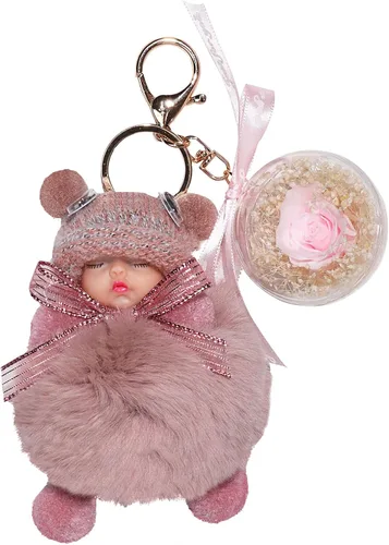 Keychain Charm with A Cute Doll and Preserved Flower Ball for Girls and Womens Key Car Key Holder Purse Handbag