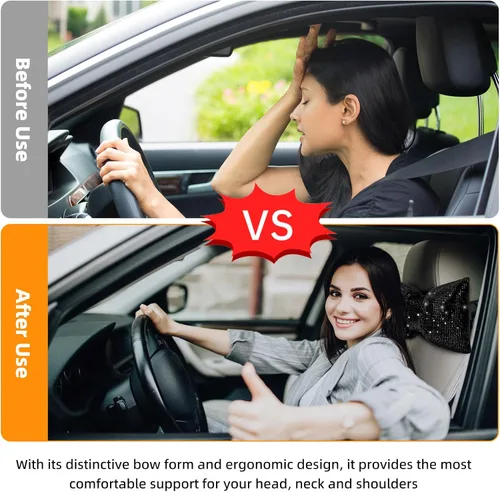 Miniatura 4 de 2 PCS Almohadas Brillantes para Automóvil, Almohada de Reposacabezas de Coche con Lazo de Pedrería, Almohada Cervical para Coche para Relajación