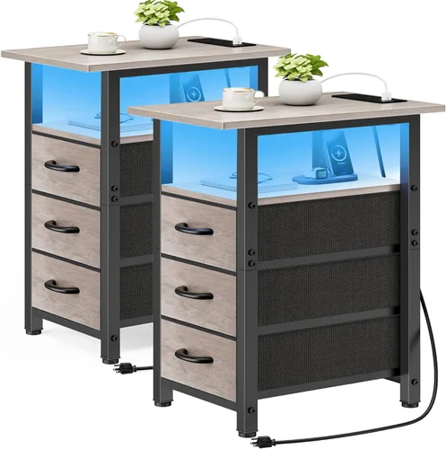 Miniatura 17 de Vagusicc Mesita de noche negra con estación de carga y luces LED, mesa auxiliar estrecha, mesita de noche LED con 3 cajones de tela para dormitorio