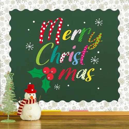 Miniatura 5 de Rollo de borde de tablero de anuncios de Navidad de 65 pies con diseño de copo de nieve y oro gris para vacaciones de invierno, Navidad, aula