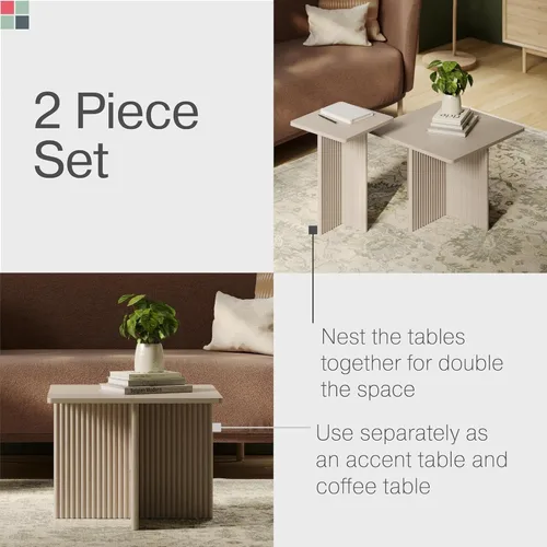 Miniatura 4 de Stead Juego de mesa auxiliar cuadrada anidable, mesa central con base de roble acanalado para sala de estar, juego de conjunto de chapa de grano