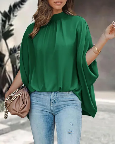 Miniatura 87 de BTFBM Blusas de verano para mujer, cuello alto falso, manga murciélago, holgadas, dobladillo alto y bajo, blusas informales de gran