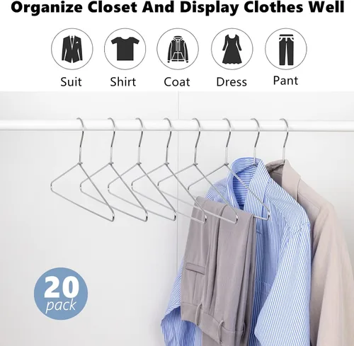 Miniatura 7 de Amber Home Paquete de 20 perchas de metal resistente para camisas, colgador de ropa de acero inoxidable con cromo pulido, colgador de alambre