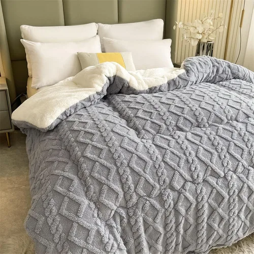 Miniatura 7 de Edredón de felpa de cordero grueso de doble capa, edredón cálido para invierno, edredón jacquard a cuadros de hibisco, manta de cama gruesa