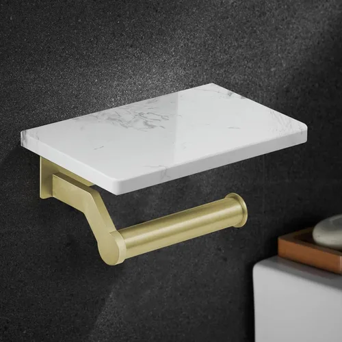 Miniatura 10 de Hoimpro Soporte de papel higiénico de aluminio blanco con estante de mármol natural blanco, soporte de almacenamiento de rollo de papel de seda