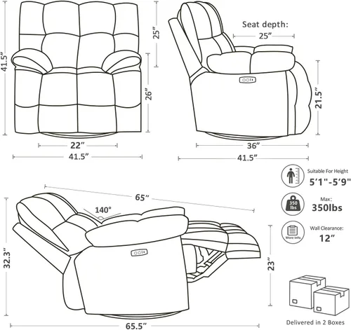 Miniatura 8 de Silla reclinable mecedora extra grande, sillón reclinable con giro eléctrico para sala de estar, reclinables mecedores acolchados extra anchos