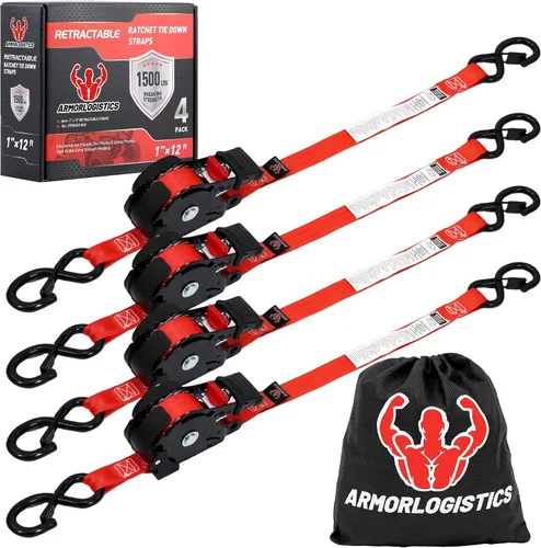 Miniatura 8 de Correas de trinquete retráctiles, paquete de 4, correas de amarre autorretráctiles de resistencia a la rotura de 1500 libras, correas de trinquete