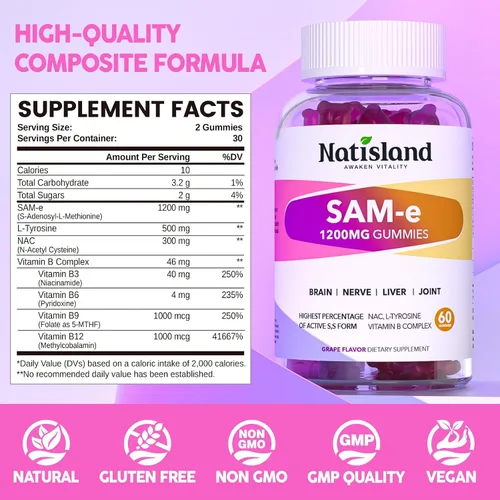 Miniatura 3 de SAM-e con gomitas de L-tirosina, complejo B metilado y NAC, suplemento SAM e de 1200 mg, folato de metilo y B12, para alivio del estrés y apoyo