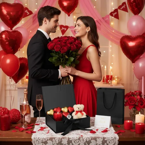 Miniatura 8 de Zonon - Caja de regalo de lujo color negro y rosa con tapa y cinta, bolsa de regalo de 9 x 7 x 3 pulgadas, con tarjeta de felicitación, papel