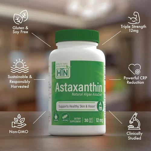 Miniatura 4 de Health Thru Nutrition Astaxantina Triple Strength 12mg Suplemento 30 cápsulas blandas AstaZine de algas cultivadas orgánicamente en agua prístina