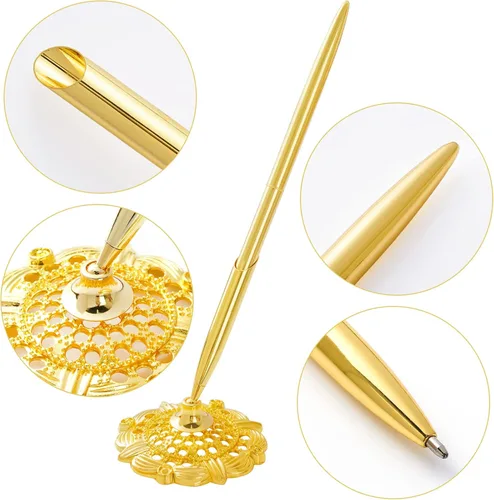 Miniatura 3 de jiebor Juego de 2 bolígrafos de boda dorados y soporte de metal para bolígrafo de escritorio de firma para libro de invitados, compromiso, negocios