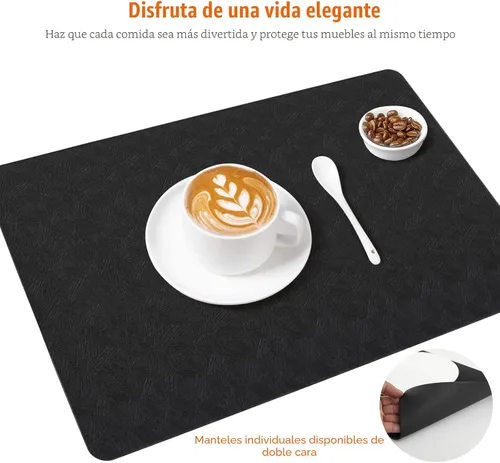 Miniatura 7 de Juego de 6 manteles individuales de vinilo, resistentes al calor, fáciles de limpiar, antideslizantes, para mesa de comedor, piel sintética, Negro