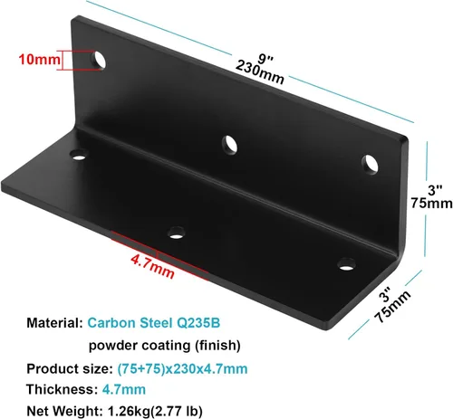 Miniatura 2 de 2 soportes de ángulo grande de 9 x 3 pulgadas, soporte de esquina L para postes de madera de 4 x 4, grosor de 3/16 pulgadas, carga máxima de 300