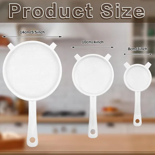 Miniatura 2 de 3 piezas de colador de malla de nylon de plástico con mango, colador de malla fina doble para alimentos, tamizador de harina para hornear, colador