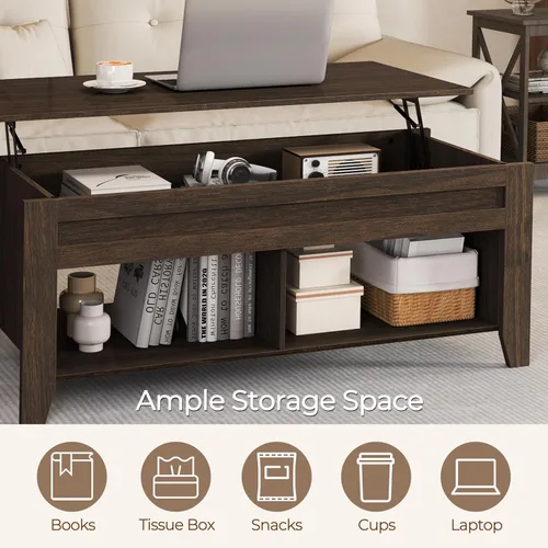 Miniatura 5 de Yaheetech Mesa de Centro con Tapa Elevable con Compartimento de Almacenamiento Oculto y 2 Estantes Abiertos, Tablero Elevable Mesa Central Emergente