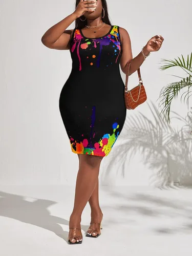 Miniatura 5 de OYOANGLE Vestido de verano sin mangas con estampado de verano para mujer, cuello redondo, ajustado, corte entallado