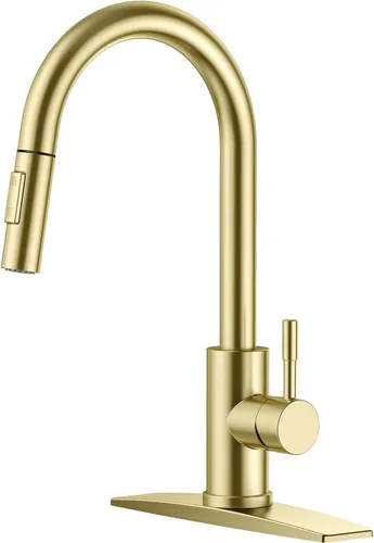 Miniatura 12 de FORIOUS Grifo de cocina con rociador desplegable, níquel cepillado, arco alto, moderno, clásico, grifo de fregadero de acero inoxidable con placa