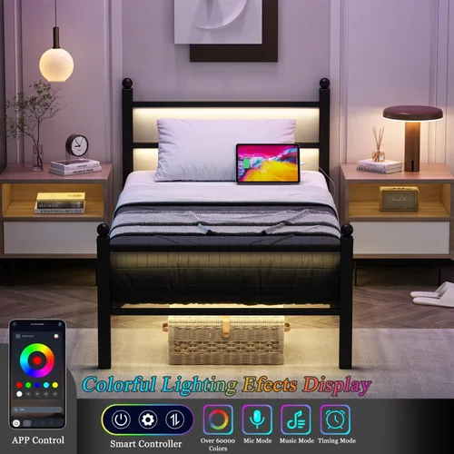 Miniatura 3 de Marcos de cama individuales con estación de carga y luces LED, marco de cama de metal tamaño individual con cabecera y pie de cama, plataforma
