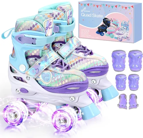 Sportneer Patines para niños: 4 tamaños ajustables patines cuádruples con ruedas iluminadas para niñas de 5-8, 8-12 niños pequeños principiantes,