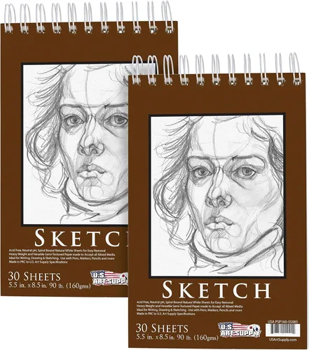 U.S. Art Supply Cuaderno de bocetos de papel pesado de 5.5 x 8.5 pulgadas, encuadernado en espiral: 90 libras (5.64 oz/m²), bloc de dibujo de 30