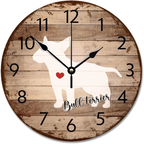 Reloj de pared rústico Bull Terrier de 10 pulgadas, relojes de pared grandes a pilas, reloj analógico de madera envejecida silenciosa, arte de pared