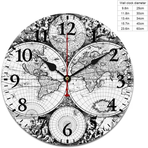 Miniatura 48 de Reloj de pared de madera con mapa del mundo antiguo, estilo nostálgico, Atlas histórico, diseño vintage, impresión de madera, reloj de pared