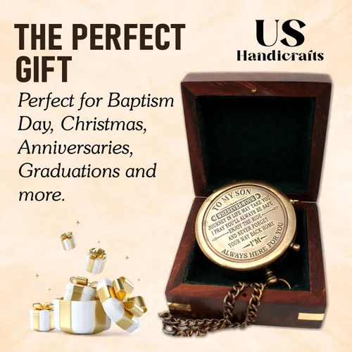 Miniatura 5 de Brass Compass with Wooden Case Engraved Compass from Mom to Son Graduation Gift, Birthday, Inspirational Travel Keepsake Bronce 3