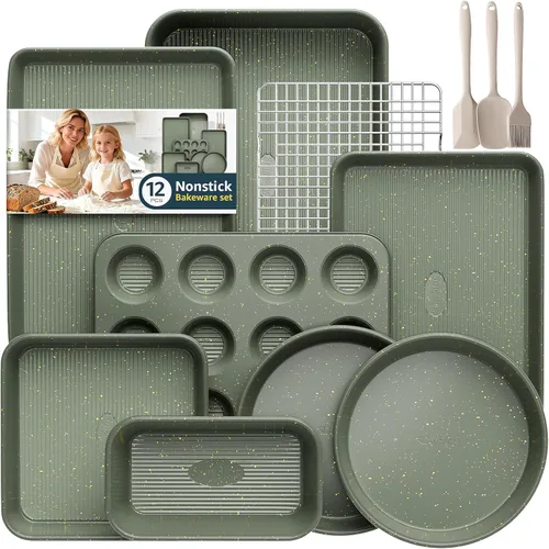 Juego de 12 piezas para hornear antiadherente, juegos de utensilios para hornear no tóxicos con bandeja para hornear, molde para tartas, molde