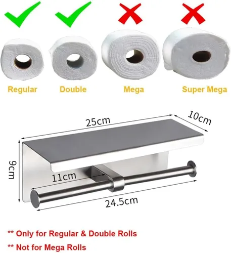 Miniatura 2 de Soporte de papel higiénico de doble rollo con estante, dispensador de pañuelos de acero inoxidable montado en la pared para baño (plateado)