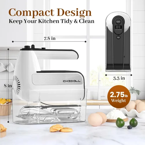Miniatura 7 de Batidora de mano eléctrica de 5 velocidades, batidora de mano de 800 W con turbo para hornear y cocinar, mezclador de alimentos de cocina con Blanco