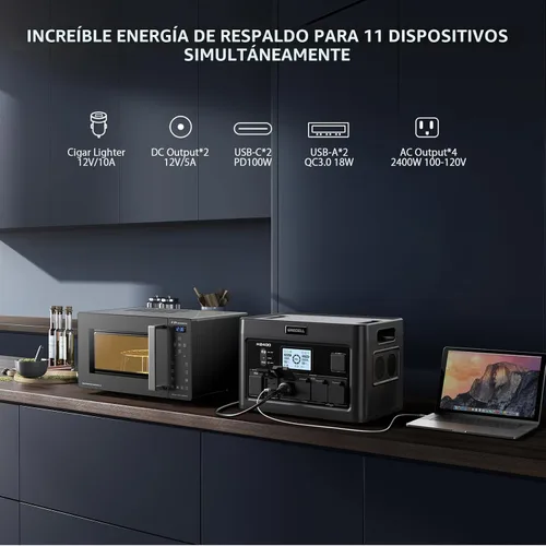 Miniatura 4 de Estación de energía portátil de 2400 W, 1843 Wh, generador solar LiFePO4, UPS para el hogar, batería de reserva de energía con 4 salidas de CA
