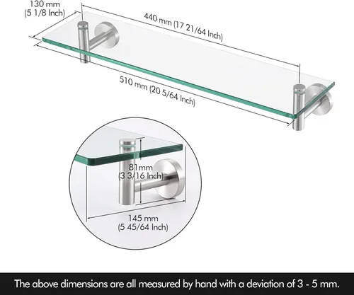 Miniatura 3 de Estante de cristal KES para baño, estante rectangular de 20 pulgadas con vidrio templado de 8 mm de grosor, soporte de metal antioxidante para pared