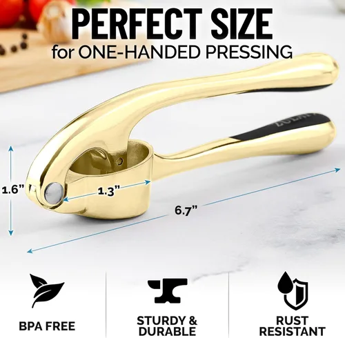 Miniatura 3 de Zulay Kitchen - Prensa de ajo prémium con mango suave y fácil de apretar, con pelador de ajo de silicona y cepillo de limpieza, de 3 piezas, Oro